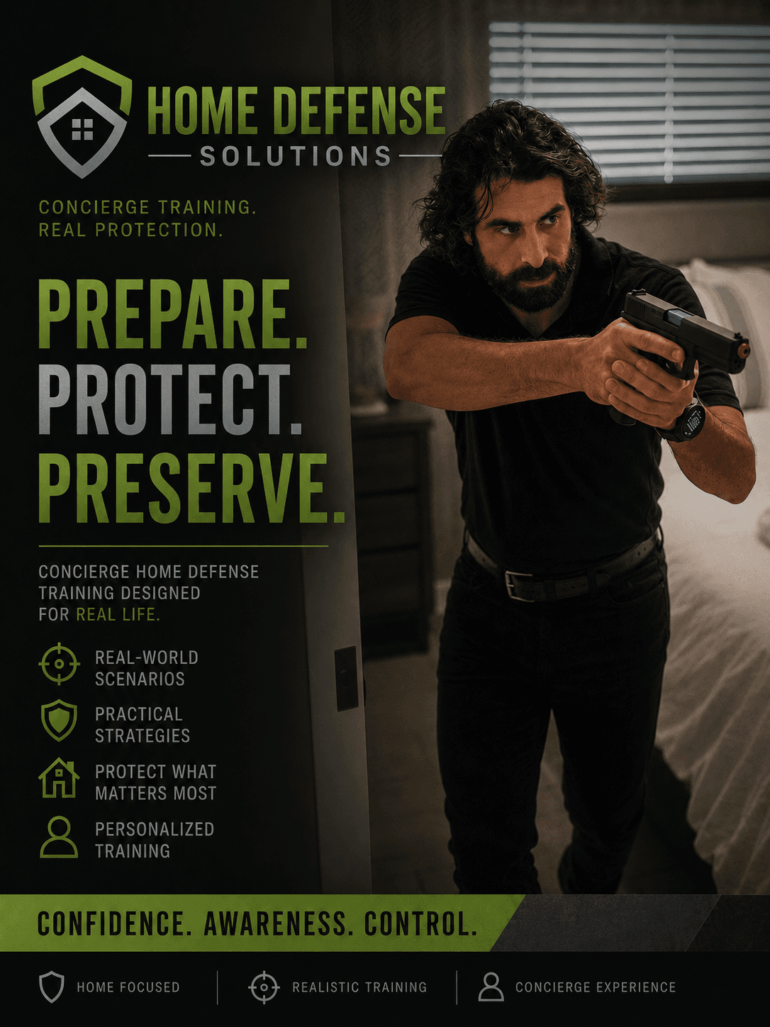 A Florida-family preparedness composite: home, family silhouettes and ready-set tools in the brand greens.